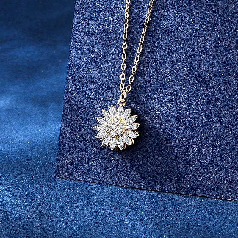 Creative design Spinning Sunflower Necklace 925 Sterling silver Rotating Sunflower Pendant necklace for women – Image 2