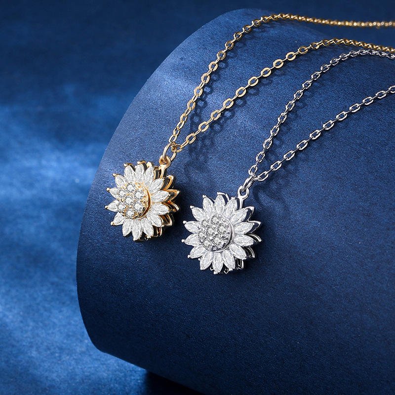 Creative design Spinning Sunflower Necklace 925 Sterling silver Rotating Sunflower Pendant necklace for women – Image 5