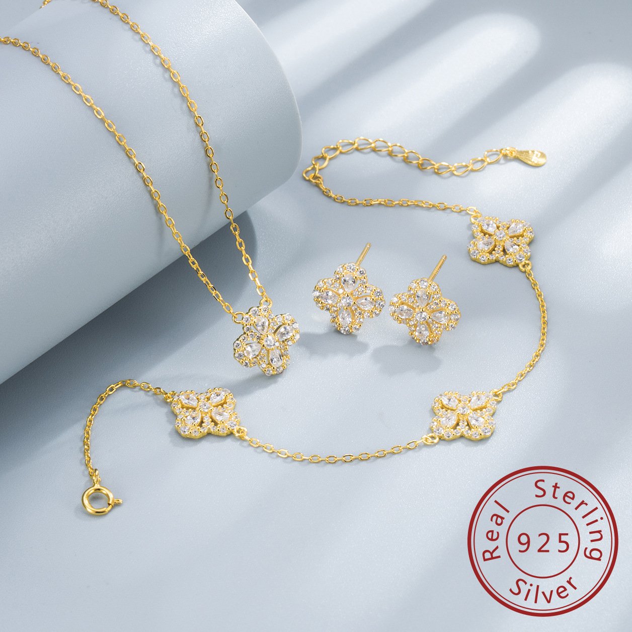 Ensemble de bijoux en argent sterling S925 en forme de poire, trèfle à quatre feuilles, boucles d'oreilles ajourées de luxe serties de diamants, collier en zircone pour femme