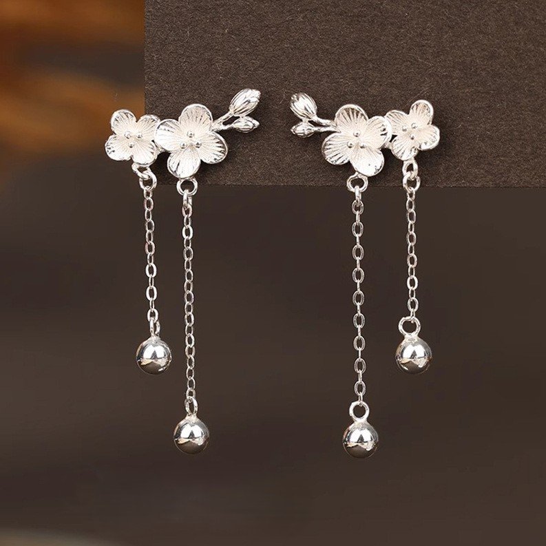 Boucles d'oreilles « Branche de fleurs de pêcher » en argent sterling S999 pour femme – Image 2