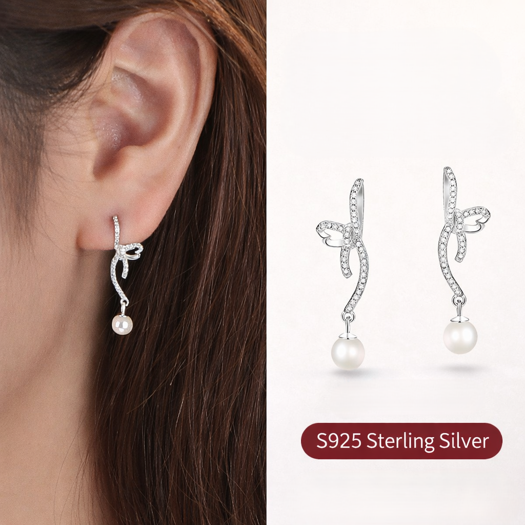 Boucles d'oreilles puces en argent sterling S925 avec ruban et zircon, ornées de perles, pour femmes – Image 6