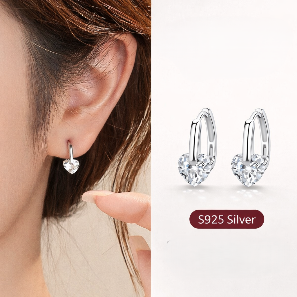 Boucles oreilles en argent sterling S925 et zirconiums en forme de cœur pour femmes – Image 5