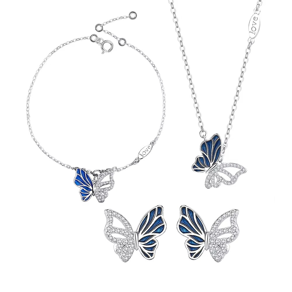 Jewelry 925 Sterling Silver Set Mothers Day Bracelet Enamel Cubic Zirconia Women Butterfly Jewelry Set